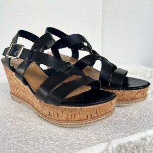 Franco Sarto Women's Leather Black and Tan Cork Strappy Wedge Sandals Size 9M
